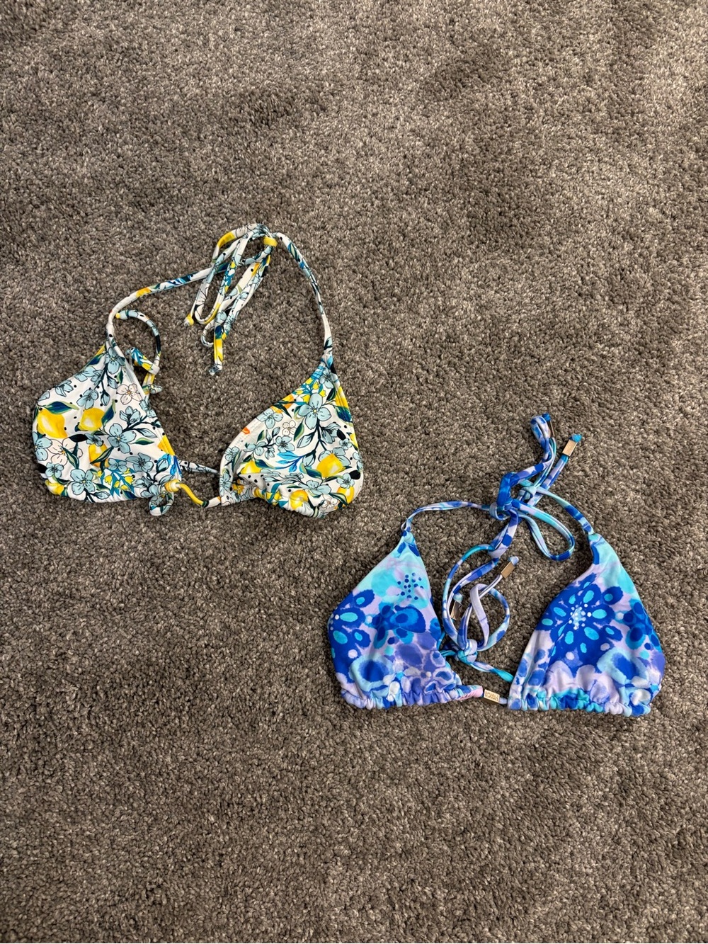 Women’s Lemon & Blue Print Triangle Swim Tops - Size Large